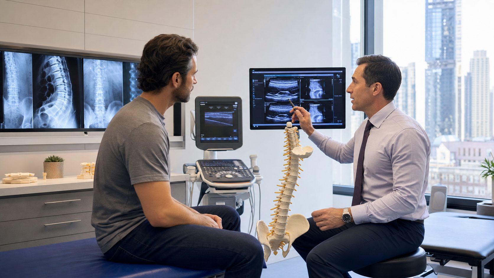 Clinician reviewing spine imaging and ultrasound displays with a patient in a Midtown Manhattan clinic